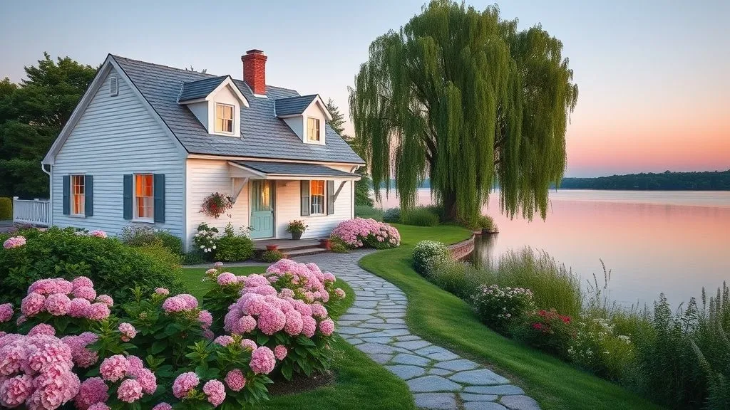 20 Cottage House Ideas You Will Love 6 Full 16:9 view of entire white lakeside cottage with a stone pathway through a garden of pink hydrangeas.
