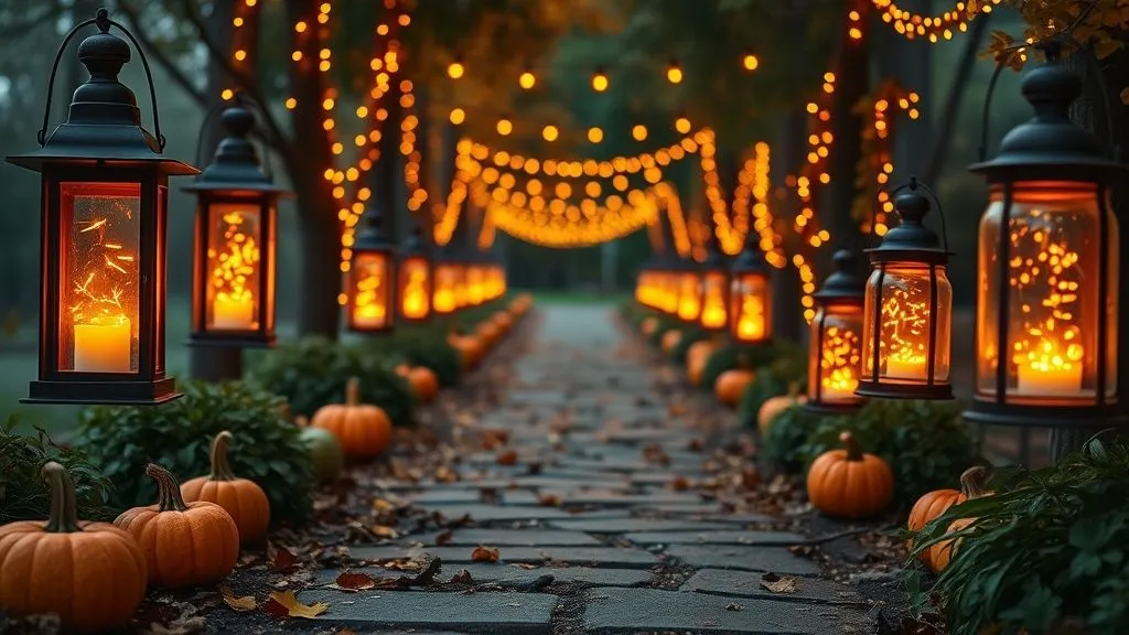 Spooky & Stylish Halloween Outdoor Decorations 14 Halloween pathway lined with lanterns, pumpkins, and autumn leaves.