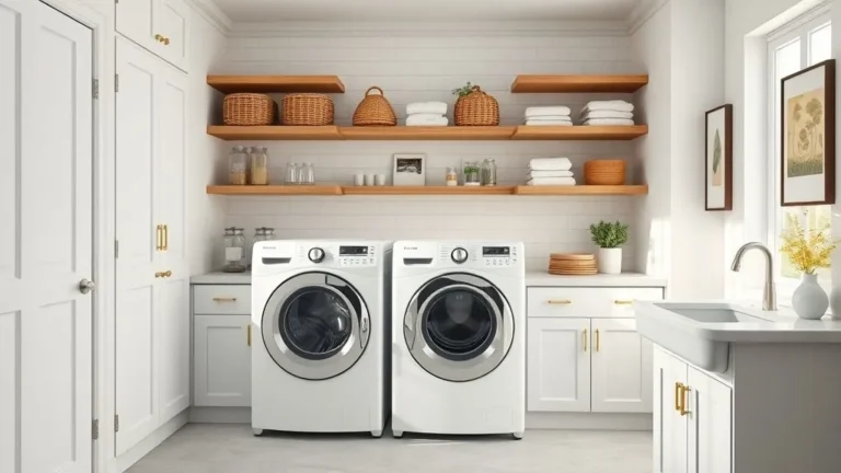 Modern organized laundry room with washer, dryer, wooden shelves, and baskets in bright natural light.