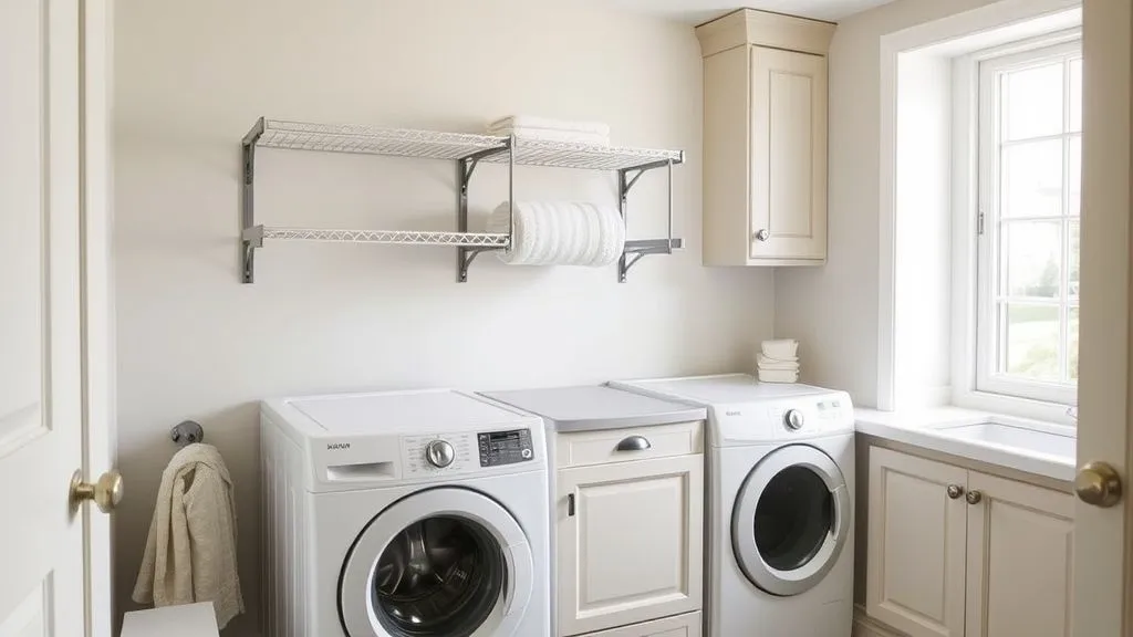 Laundry room with foldable wall drying racks and natural light.