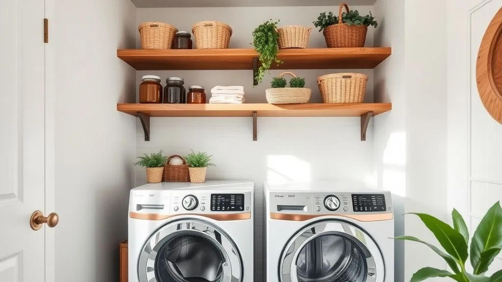Laundry room with open wood shelves and decorative baskets.