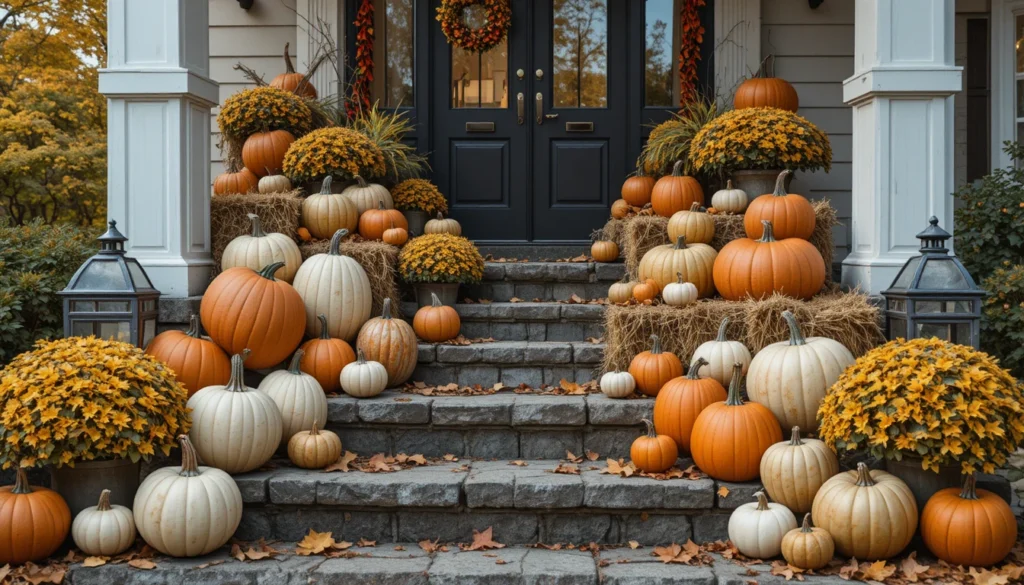 Halloween Porch & Outdoor Decorations 3 Porch decorated with layered pumpkins, gourds, hay bales, and lanterns.