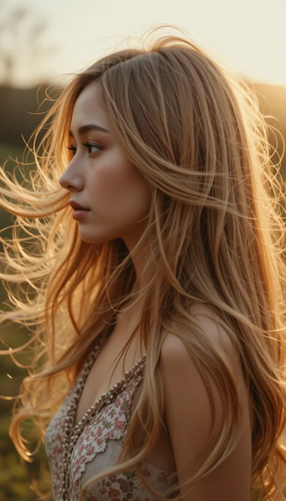 Long layered haircut adding movement, dimension, and volume to a natural 2025 hairstyle.