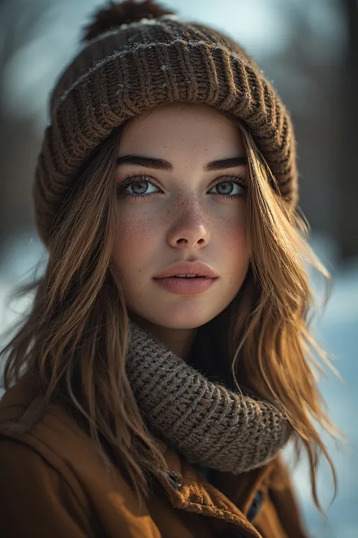 Winter Hairstyle Looks For Cozy And Chic Style 2025 7 Woman with layered winter haircut adding volume, wearing cozy beanie and jacket in winter light.