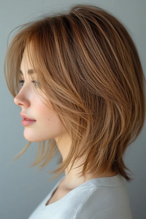 Layered fall haircut adding volume, texture, and seasonal depth to the hair.