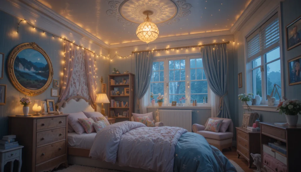 Kids’ bedroom with layered lighting and cozy evening ambiance.