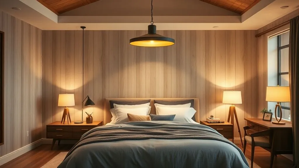 Stylish Mid-Century Modern Bedroom Ideas 9 Mid-century modern bedroom with layered lighting and warm wooden tones.