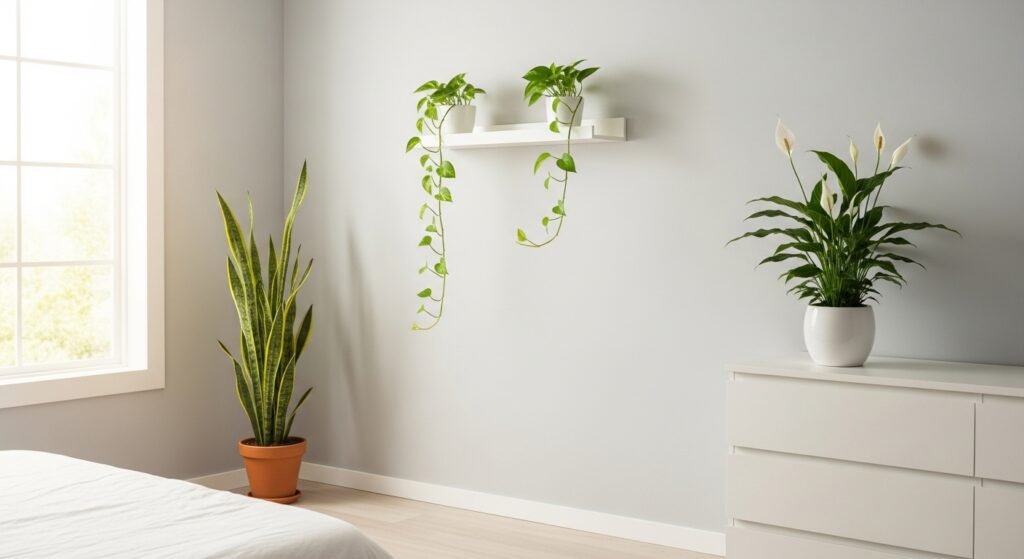 16 Dreamy Plant Lover Bedroom Ideas to Inspire Natural Decor 8 Bedroom with plants at different heights on floor, shelf, and dresser.