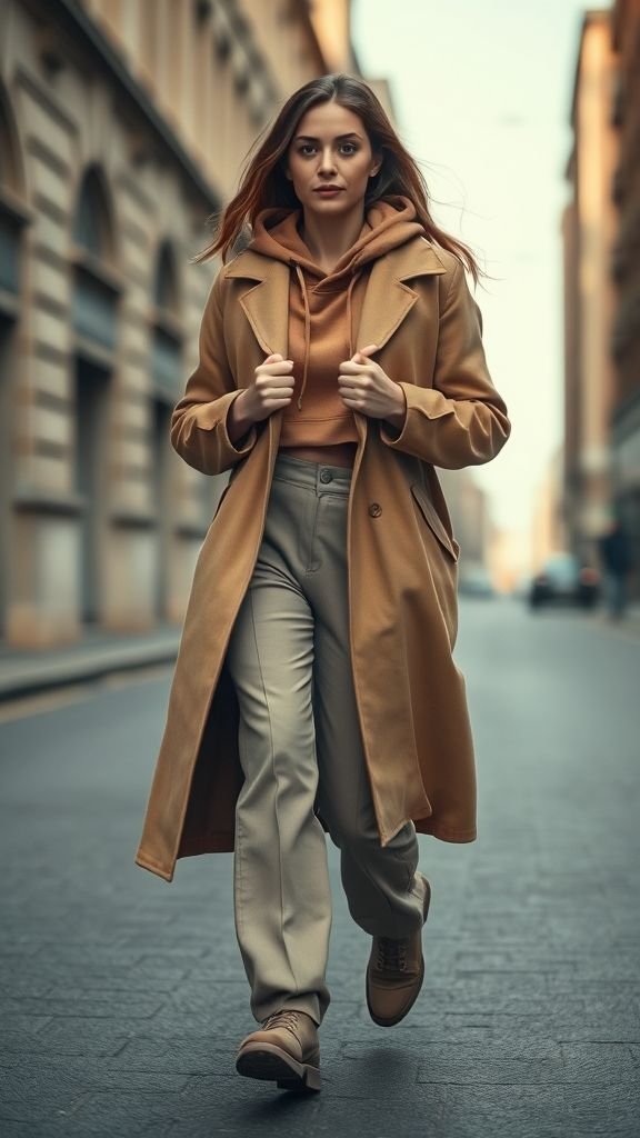 Street Style 2025: The New Era of Effortless Fashion 10 Woman layering a long coat over a cropped hoodie, demonstrating dimensional layering in 2025 street fashion.