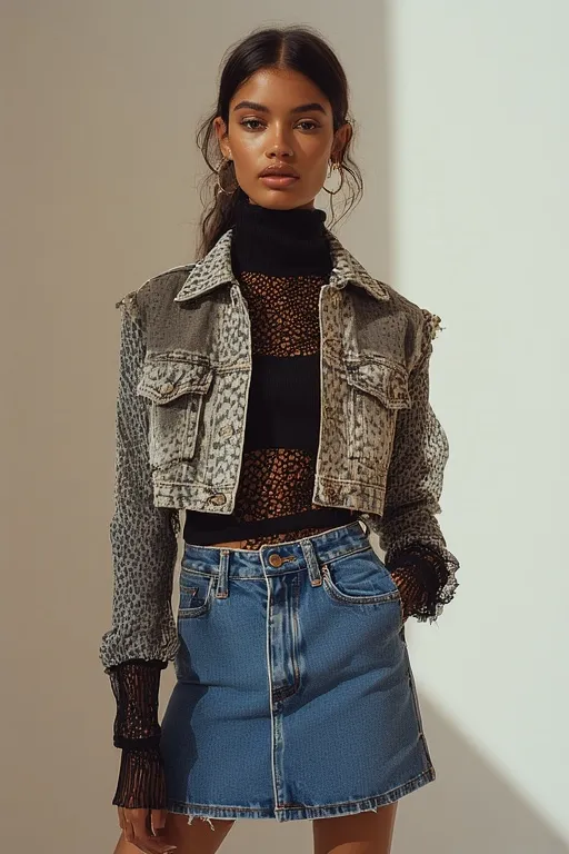 Layered Y2K-inspired outfit combining mesh and denim with a chic, structured style.