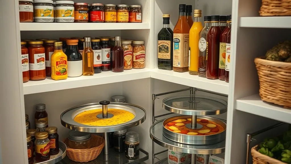 Kitchen and Pantry Organization 6 Full-view corner pantry with Lazy Susans holding condiments and oils, surrounded by neatly stacked jars.