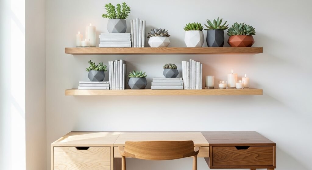 Modern Plant Lover Bedroom Ideas for a Serene Escape 8 Floating shelves in bedroom with small plants and cozy decorative pieces.