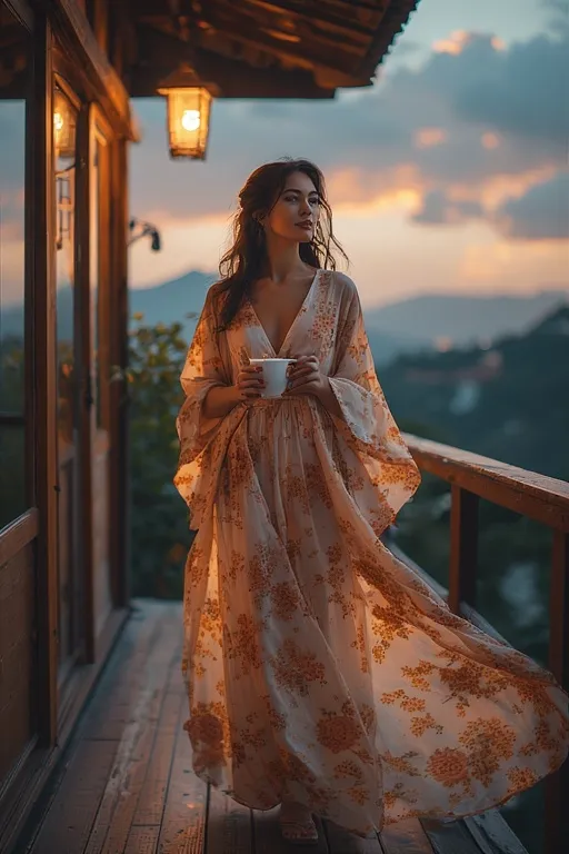 Woman layering a kimono over dress for cool summer evenings.