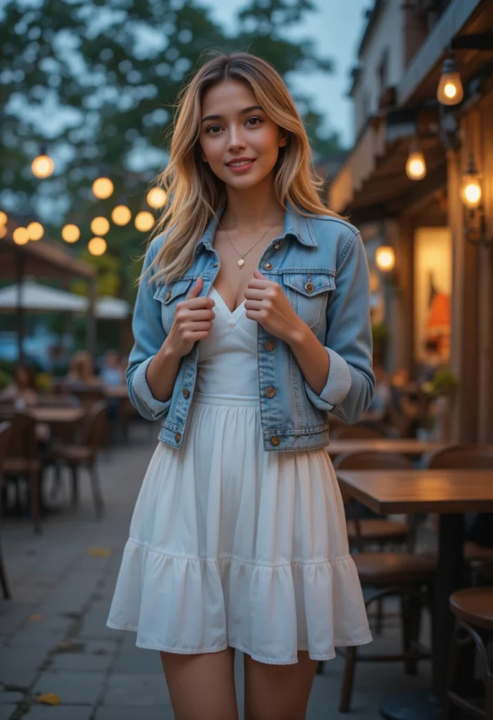 10+Chic Summer Style Inspiration Ideas 10 Woman wearing a denim jacket over a white summer dress for a chic, layered evening look.