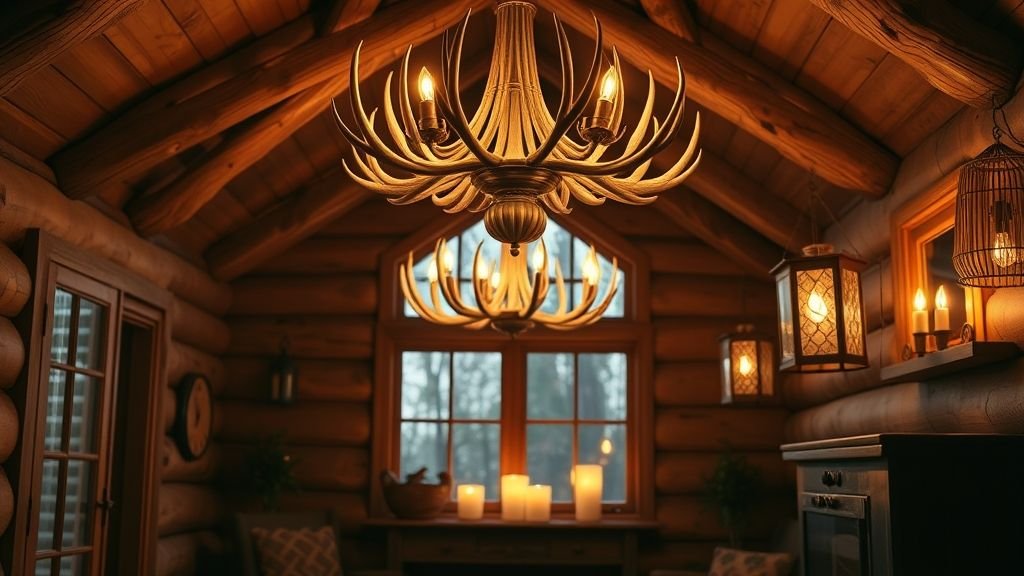 Rustic Cabin Interiors: The Ultimate Guide to Cozy and Natural Home Decor 10 Warm rustic cabin lighting with chandeliers, lanterns, and candle glow.