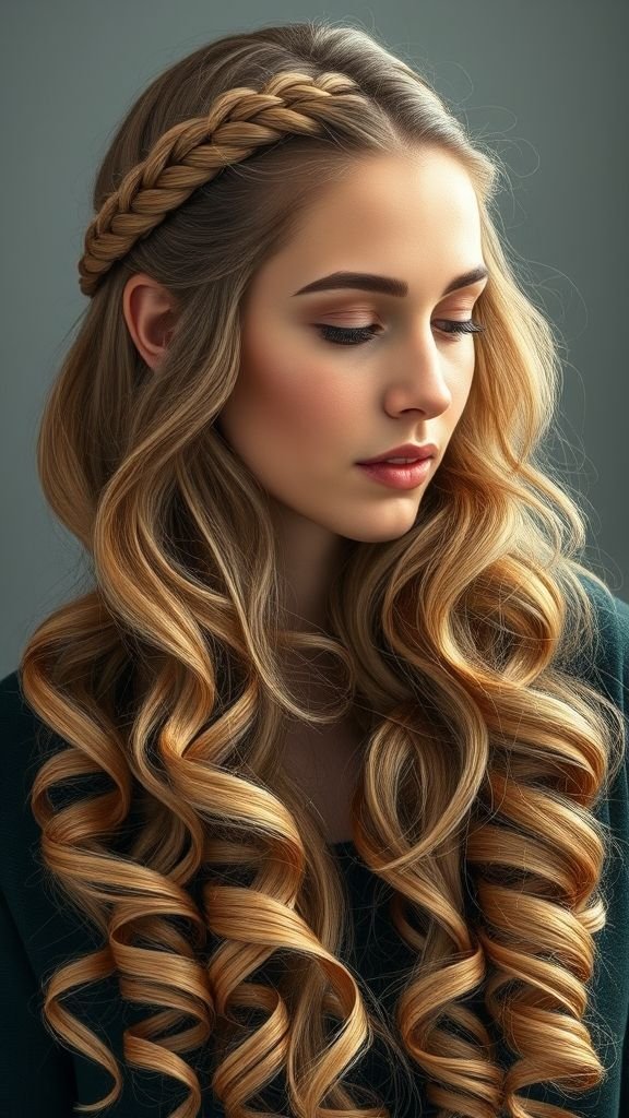 Braided & Curly Hairstyles 11 Woman with long braided and curly layered hairstyle, blending drama, softness, and creativity.