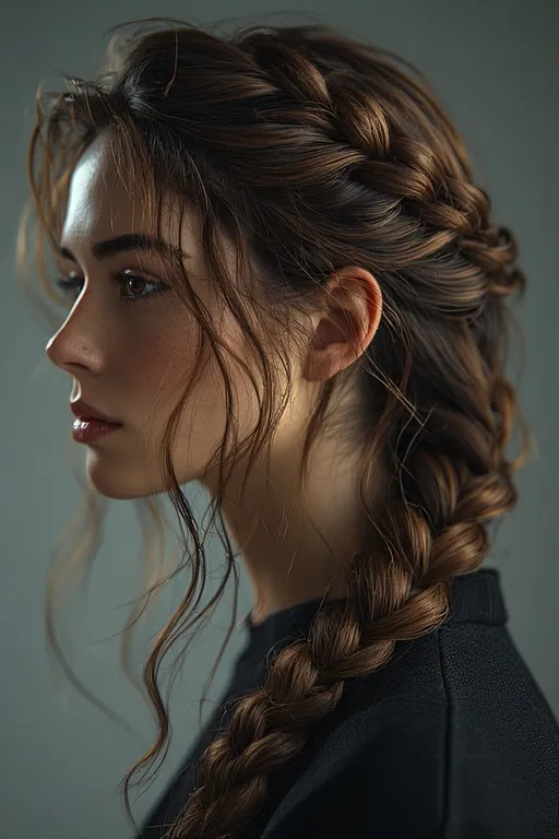 Braided & Curly Hairstyles 11 Woman with long braided and curly layered hairstyle, combining volume and graceful texture.