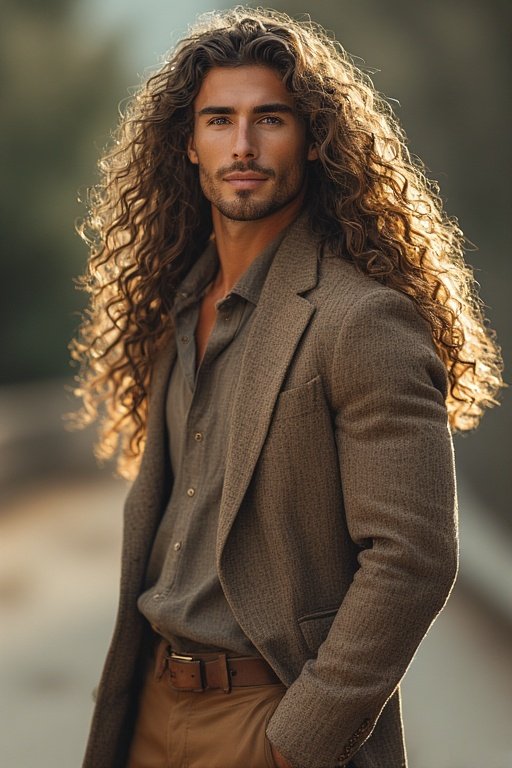 Curly Hair Men’s Styles 6 Man with long curly hairstyle showcasing texture and confidence.