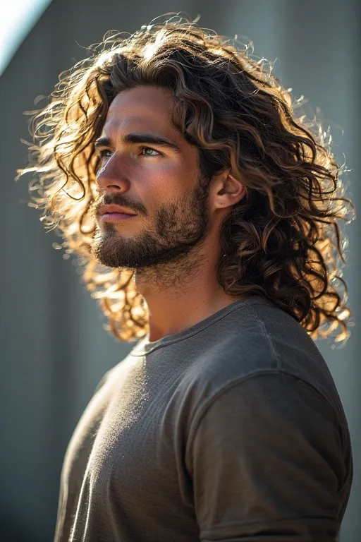 Man with long curly hair styled naturally for a confident, free-flowing, and bold appearance.