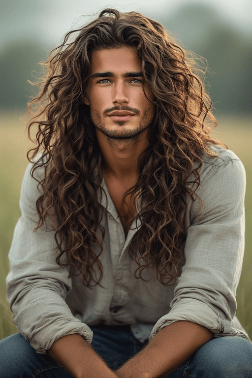 Trendy-Curly-Haircuts-For-Men 5 Man with long curly hair flowing naturally in the wind with soft lighting.