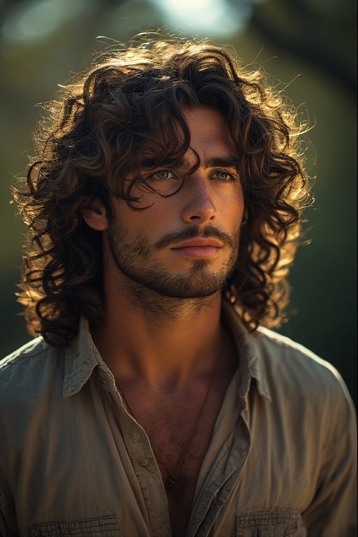 Curly Hair Men’s Styles 7 Man with long voluminous curls styled naturally in a glowing outdoor light.