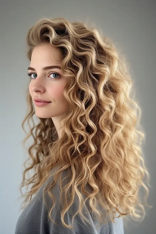 Long layered curly hairstyle with volume and defined curls.