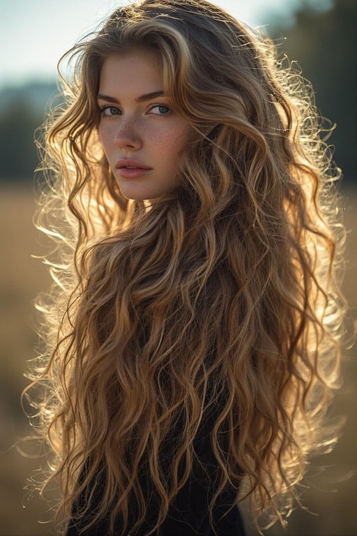 beautiful-curly-hair-looks 4 A woman with long layered curls flowing naturally over her shoulders, glowing under soft sunlight.