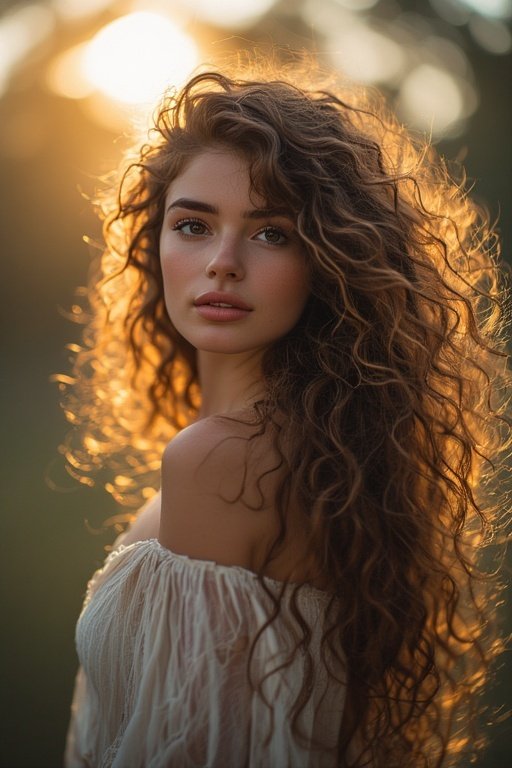 Beautiful curly airstyles for women 5 Woman with long romantic curly hair cascading naturally in soft sunlight.