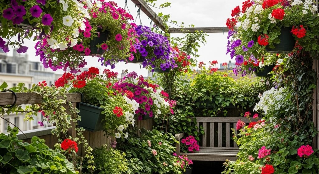 16 Stylish Balcony Ideas to Elevate Your Home Design 5 Balcony filled with colorful flowers, hanging plants, and a wooden bench.