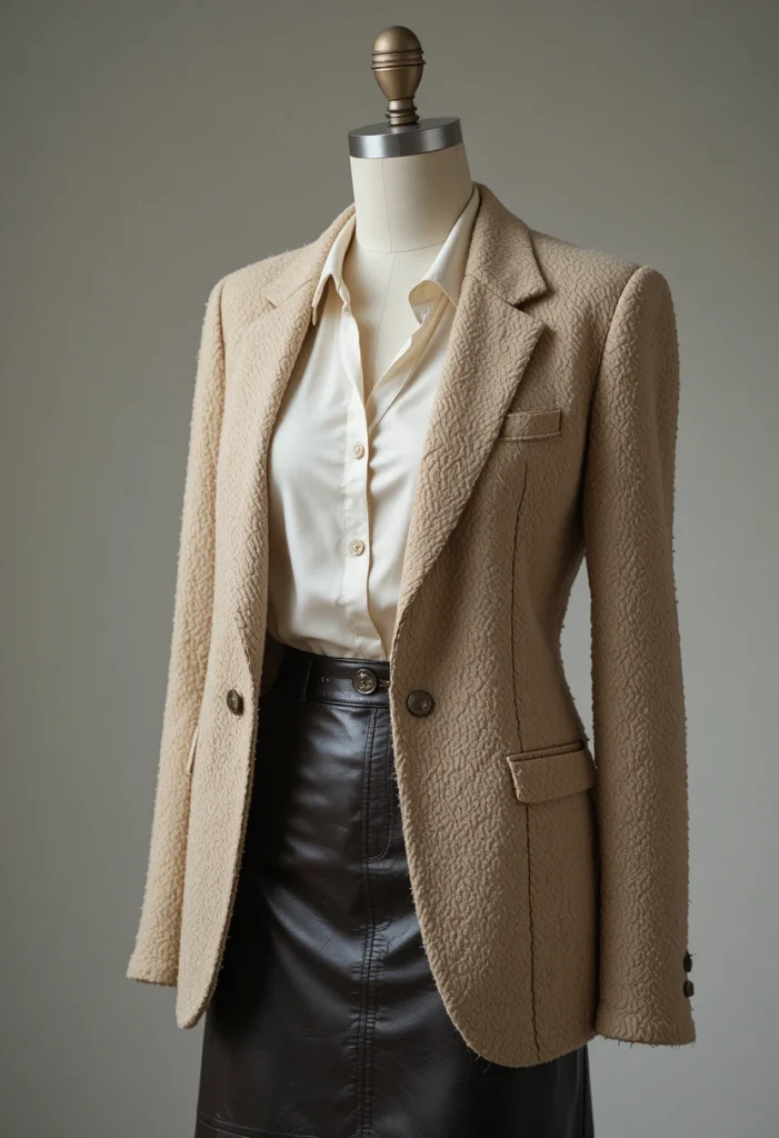 10+Office Siren Outfit Ideas 9 Outfit showcasing mixed textures — silk, wool, and leather — representing luxurious and sophisticated office fashion.