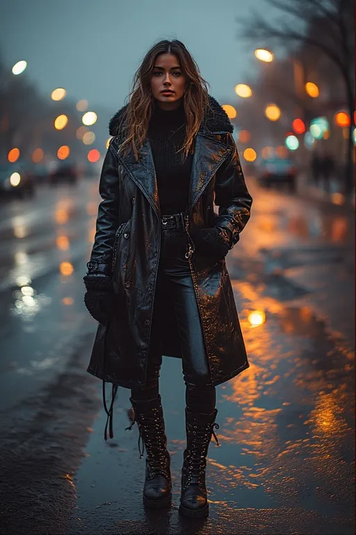 10+Winter Fashion Inspo Outfits Ideas 5 Edgy winter outfit featuring a black leather trench coat and boots, perfect for a bold, confident city look.