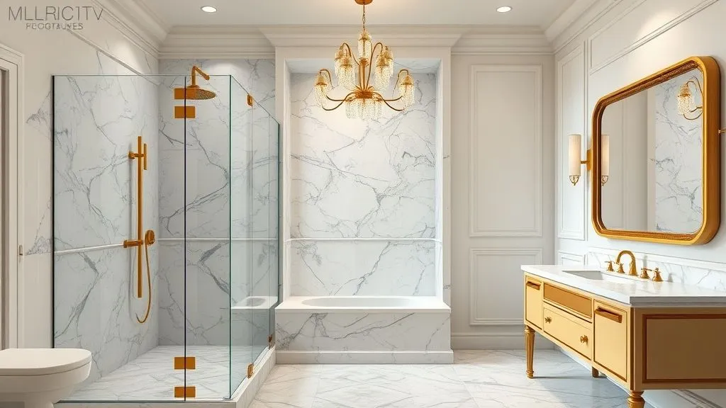 Master Bathrooms with Walk-In Showers 16 Luxury marble bathroom with gold fixtures and glass walk-in shower design.