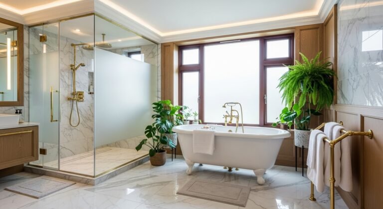 Modern bathroom showcasing different design styles with elegant fixtures and ambient lighting.