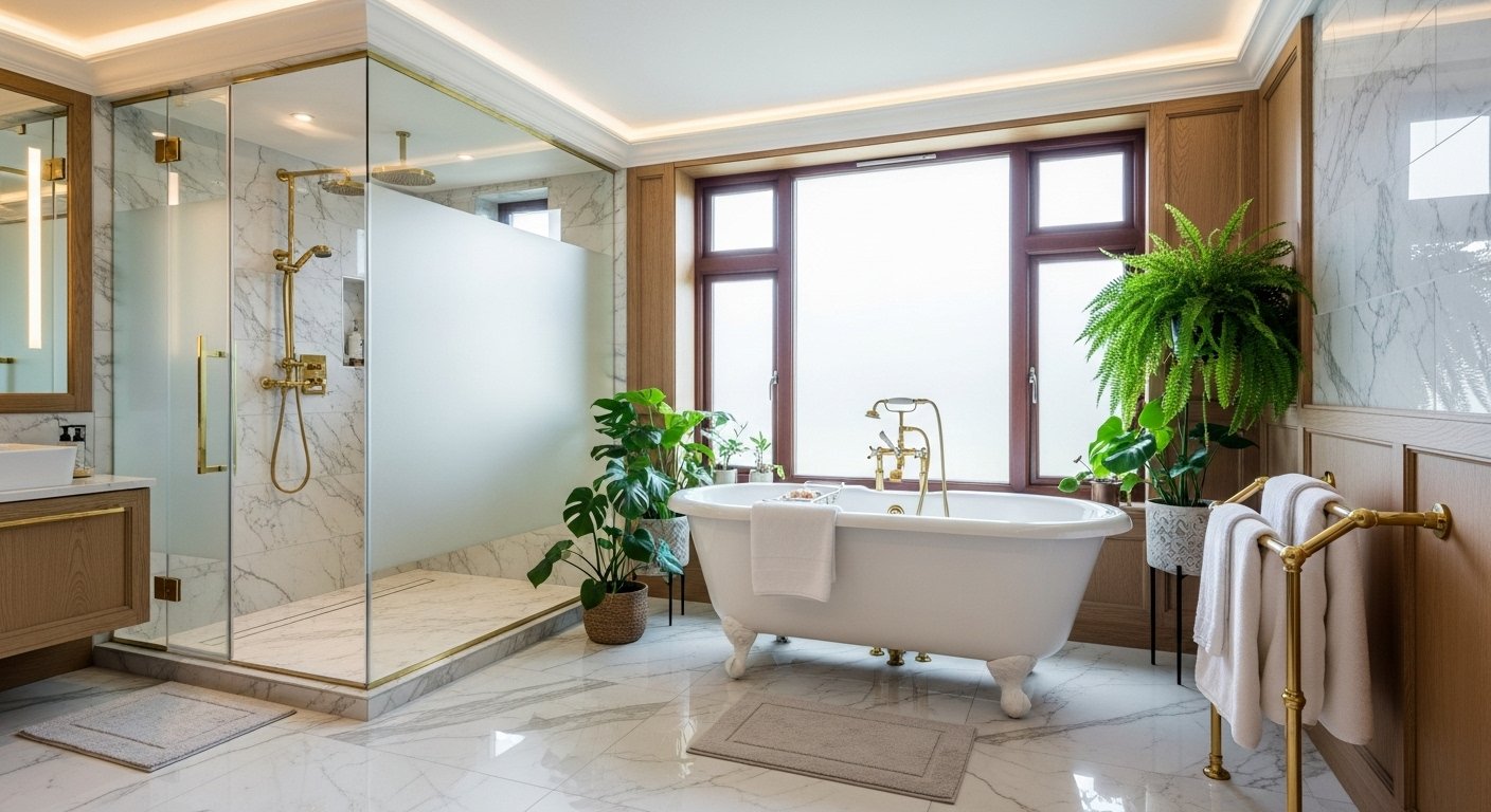 Modern bathroom showcasing different design styles with elegant fixtures and ambient lighting.