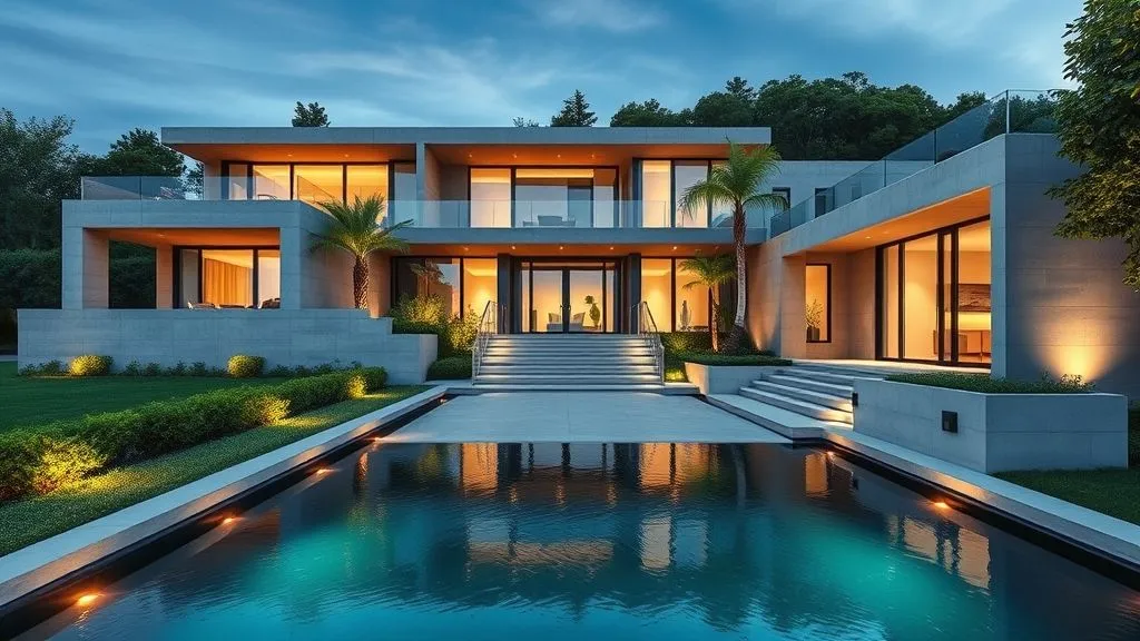 Stunning House Designs Exterior Ideas 12 High-end luxury villa with concrete walls, glass facades, elegant landscaping, and ambient driveway lighting for a sophisticated look.