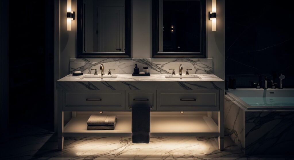 Luxury Bathroom & Shower Design Ideas 8 Double vanity bathroom design with marble countertop and elegant lighting.