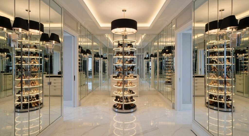 Shoe Storage Ideas for a Stylish and Organized Home 10 Elegant rotating shoe rack with LED lighting in a luxury dressing room.
