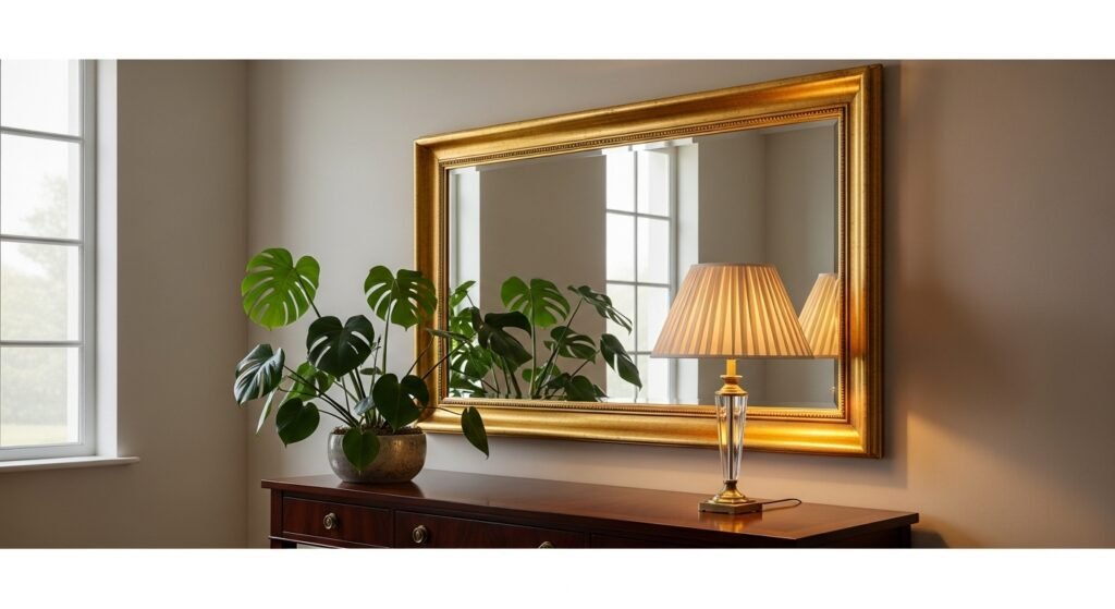 16 Functional Entryway Organization Tips for Everyday Living 9 Stylish entryway mirror with gold frame adding elegance and brightness.
