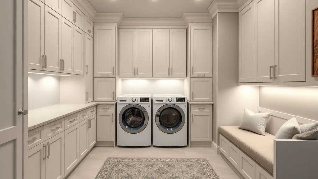 Luxury laundry suite with double washers and elegant cabinetry.