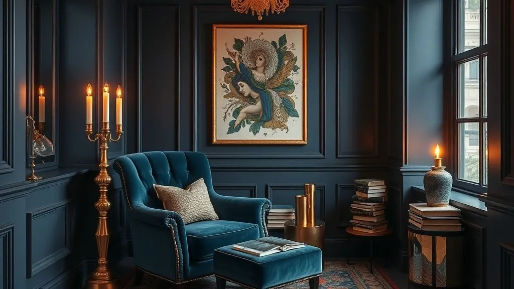 Beautiful and Cozy Reading Nook Ideas 14 Luxury velvet reading nook with gold decor and elegant lighting.