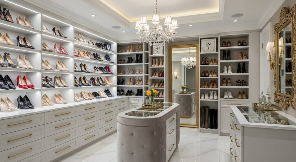 Shoe Storage Ideas for Stylish and Organized Homes 4 Built-in closet shelves with LED lighting displaying designer shoes in an organized layout.