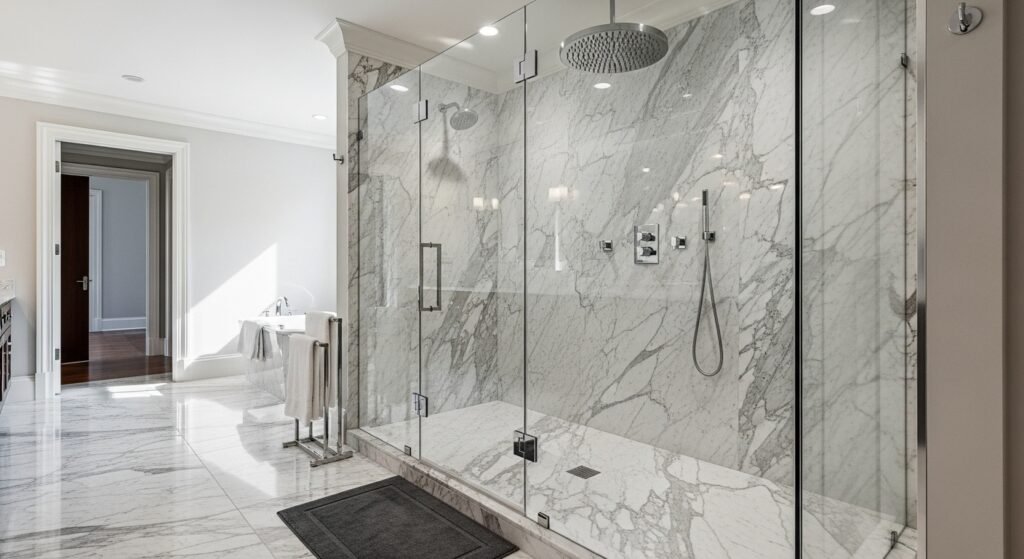 Luxury Bathroom & Shower Design Ideas 4 Walk-in shower with glass enclosure and rainfall showerhead in a luxury modern bathroom.