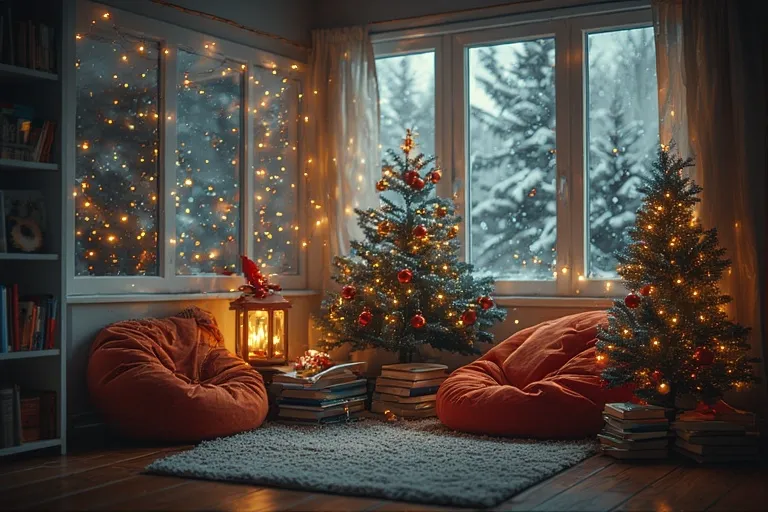 Christmas Reading Nook 11 Kid-friendly Christmas reading nook with twinkle lights, beanbags, and small tree.