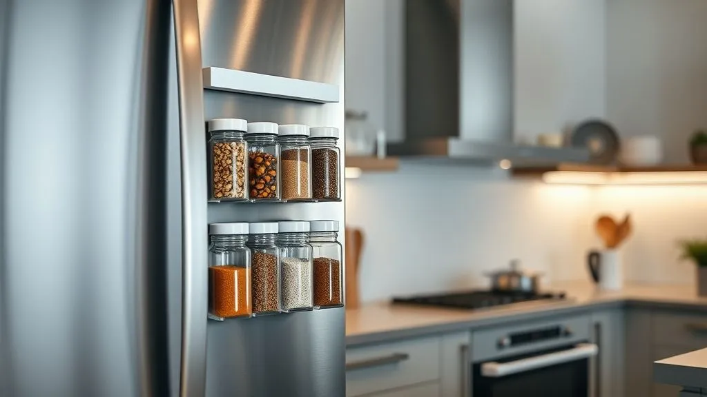 Kitchen and Pantry Organization 11 Full-view modern kitchen with magnetic spice jars organized neatly on a metal strip.