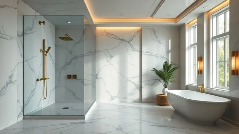 Luxurious master bathroom with marble walls, glass walk-in shower, freestanding tub, and soft natural lighting for a serene spa-inspired design.