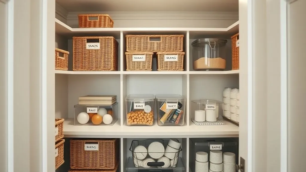 Kitchen and Pantry Organization 8 Full-view pantry with matching labeled baskets and bins arranged neatly on light wooden shelves.