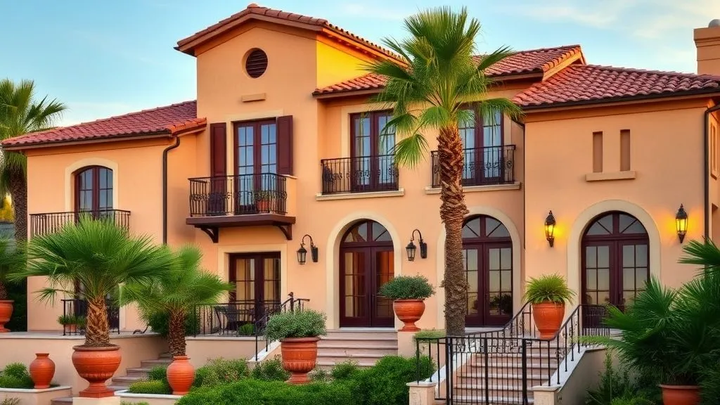 Stunning House Designs Exterior Ideas 7 Warm terracotta-roof Mediterranean villa with stucco walls, arched windows, and palm trees under glowing coastal sunlight.