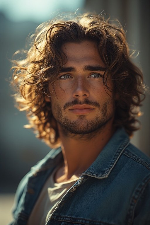 Curly Hair Men’s Styles 4 Man with medium-length curly hair flowing naturally around his face in a casual style.