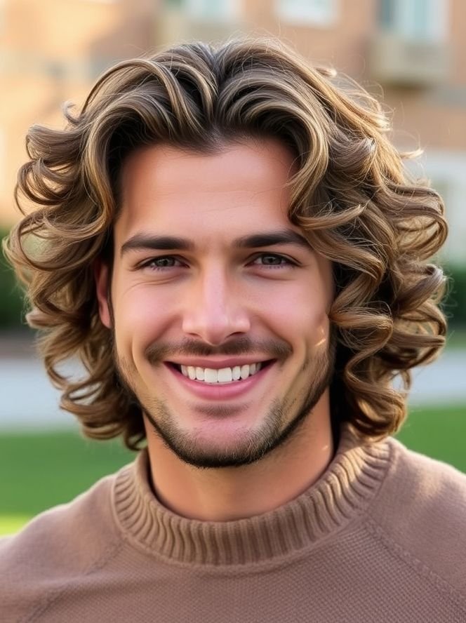 Curly Hair Men’s Styles 3 Hyper-realistic portrait of a man with medium-length curly layered hair, smiling outdoors.