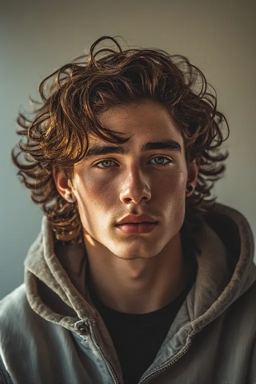 Man with medium-length voluminous curls styled naturally for a relaxed and confident look.